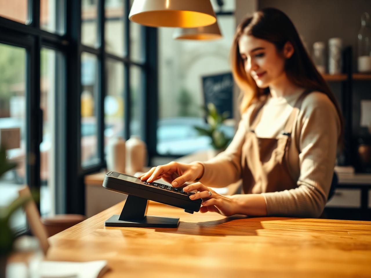 Shop owner taking a card payment on a counter terminal